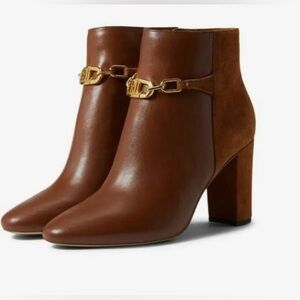 Nib Ralph Lauren Meredith Bootie Leather Booties in Deep Saddle Tan /Whiskey